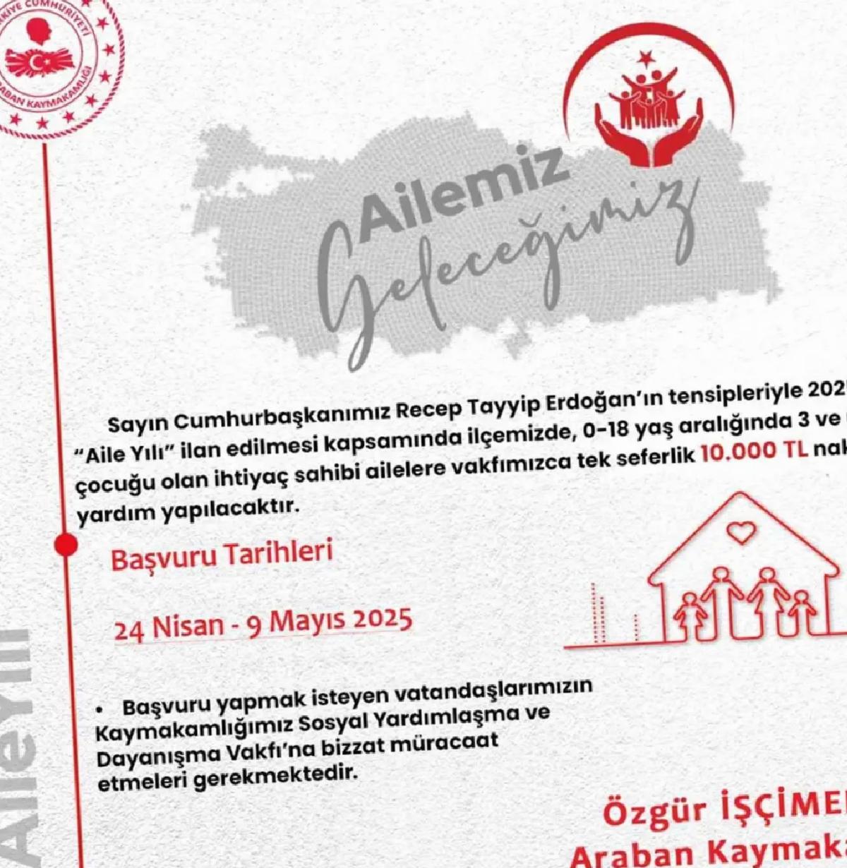 Araban’da ihtiyaç sahibi ailelere 10 bin TL nakdi yardım yapılacak
