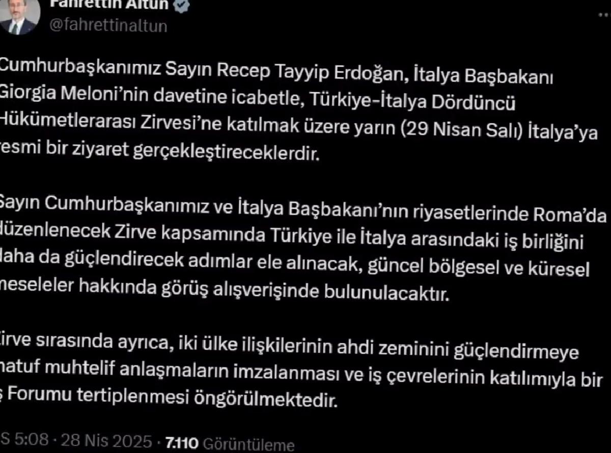 Cumhurbaşkanı Erdoğan, İtalya’ya resmi ziyaret gerçekleştirecek
