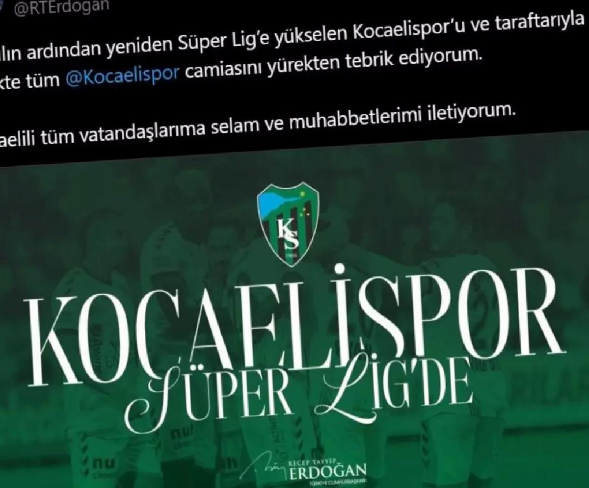 Cumhurbaşkanı Erdoğan’dan Kocaelispor’a tebrik