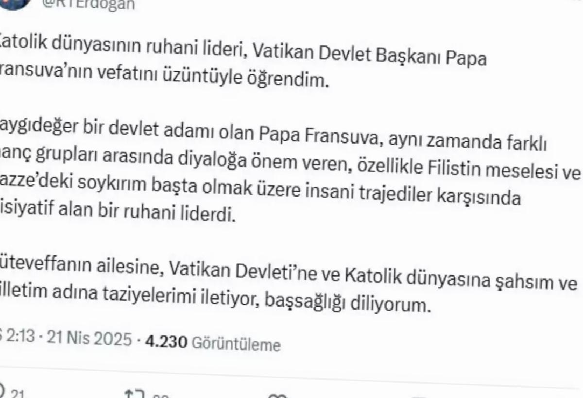 Cumhurbaşkanı Erdoğan’dan Papa Fransuva için taziye mesajı