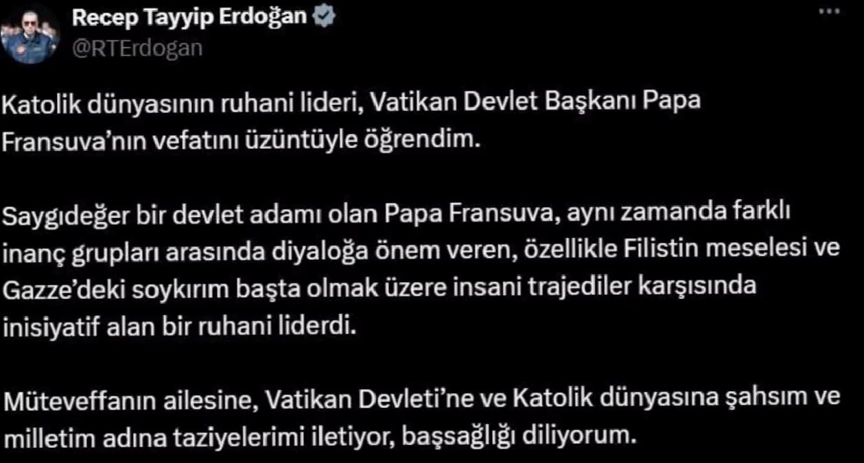 Cumhurbaşkanı Erdoğan’dan Papa için taziye mesajı