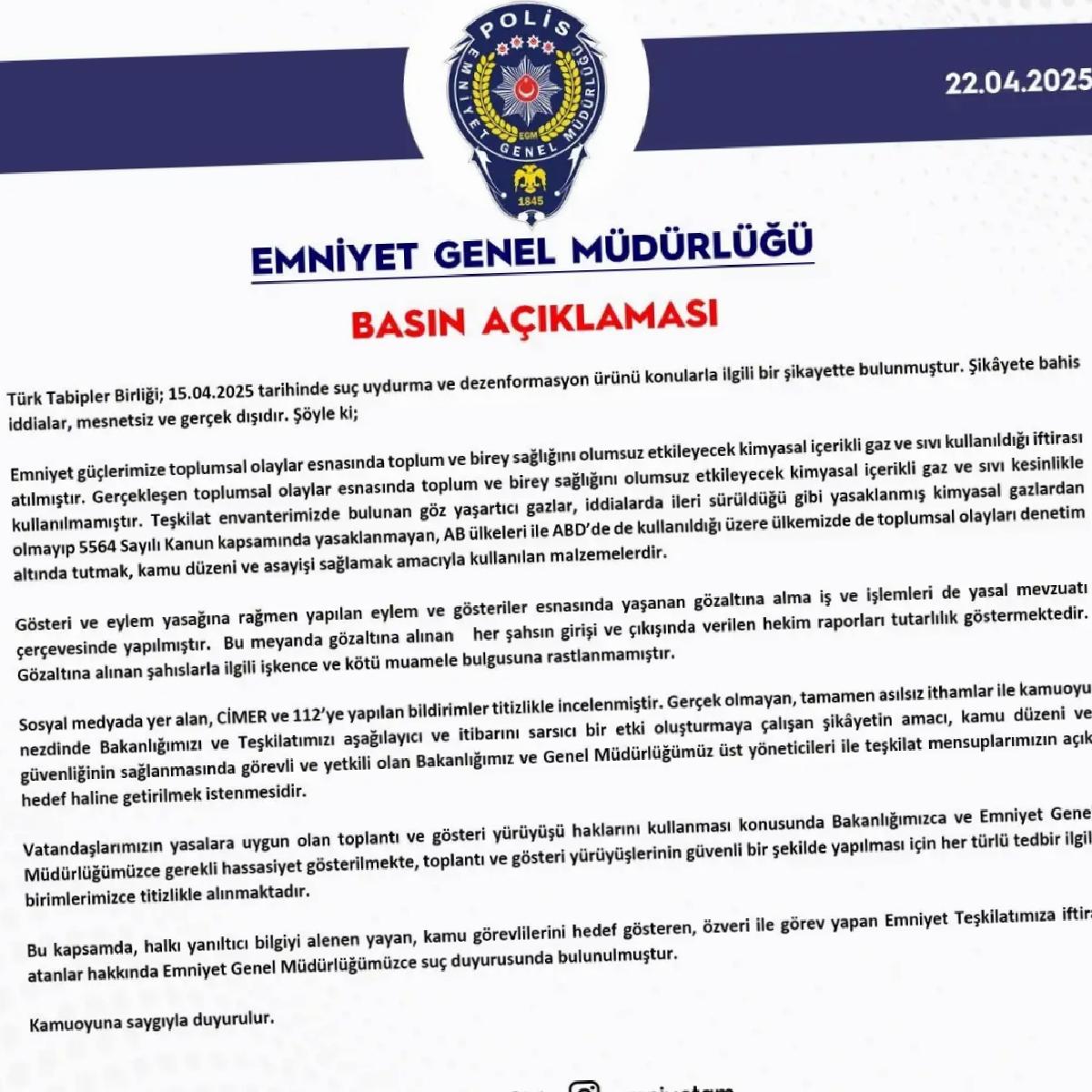 EGM, Türk Tabipler Birliği’ne Yanıt Verdi