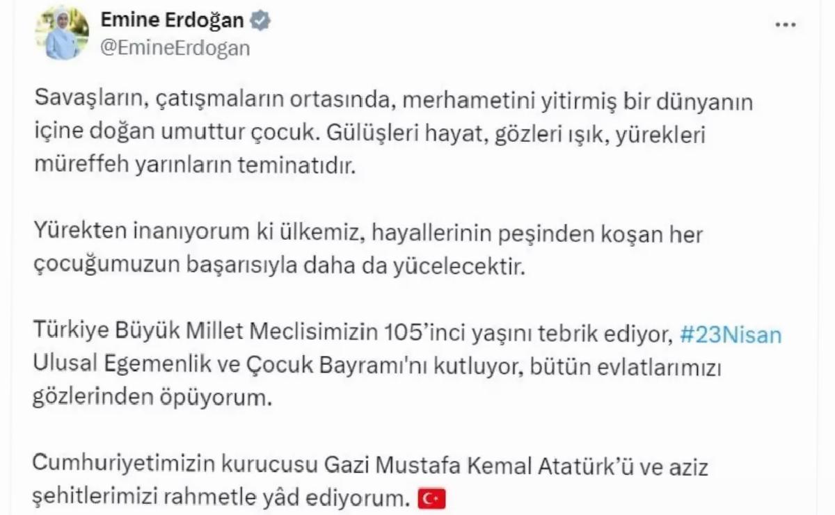 Emine Erdoğan’dan 23 Nisan Mesajı: ‘Ülkemiz, Her Çocuğumuzun Başarısıyla Yücelecektir’