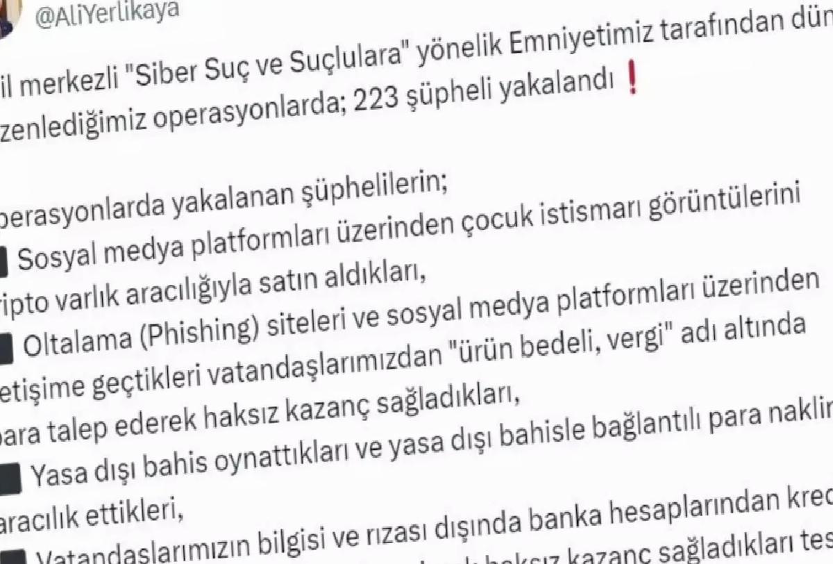 İçişleri Bakanlığı’ndan Dev Siber Operasyon: 223 Şüpheli Yakalandı