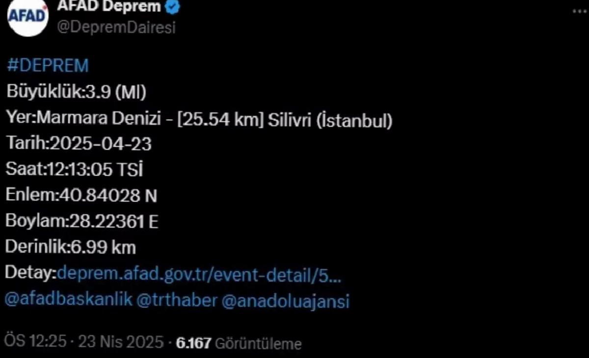 Marmara Denizi’nde 3.9 Büyüklüğünde Deprem