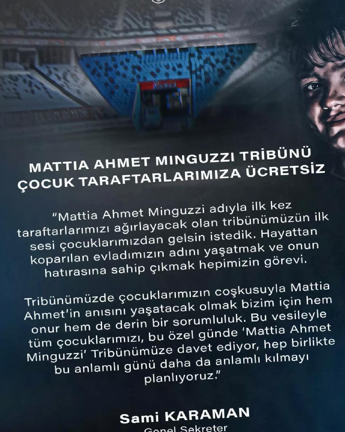 Mattia Ahmet Minguzzi Tribünü’nde Ücretsiz Çocuk Girişi