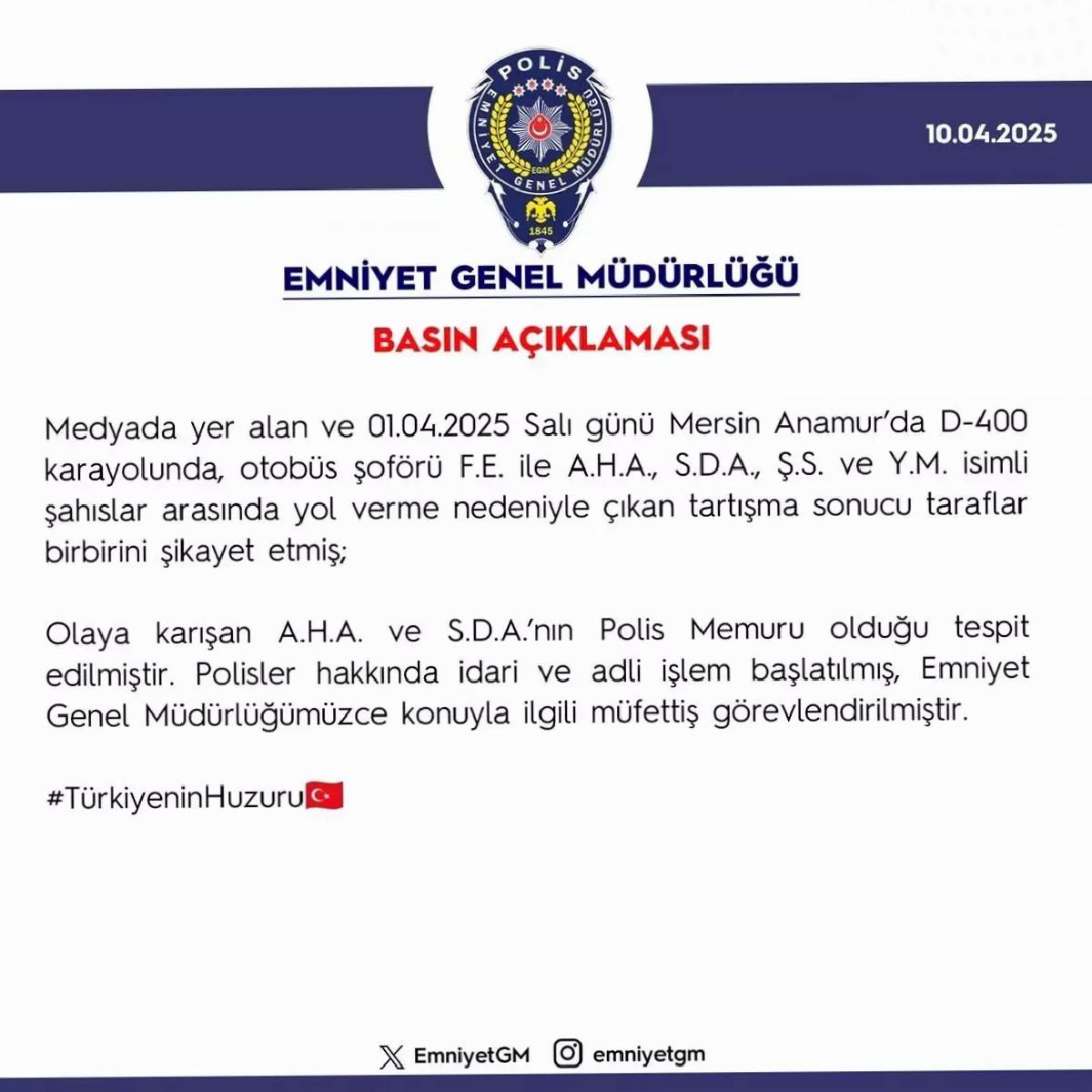 Mersin’de Yol Tartışmasında İki Polis Açığa Alındı
