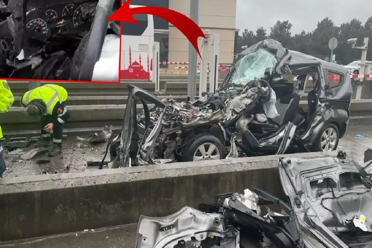 Tırın altında kağıt gibi ezilen aracın hız göstergesi dikkat çekti