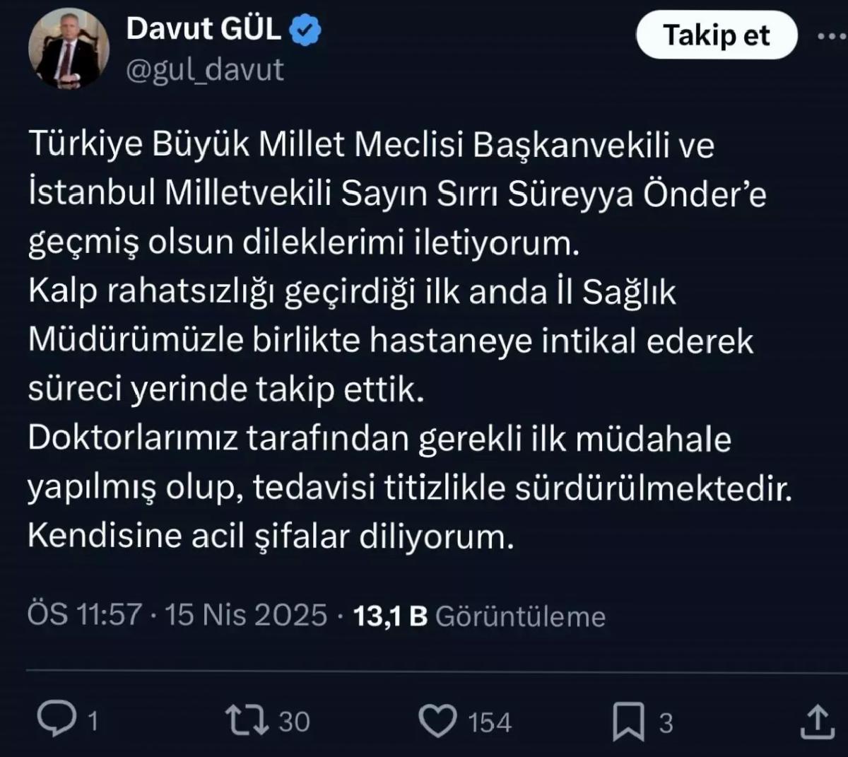 Vali Gül’den Önder’e Geçmiş Olsun Mesajı