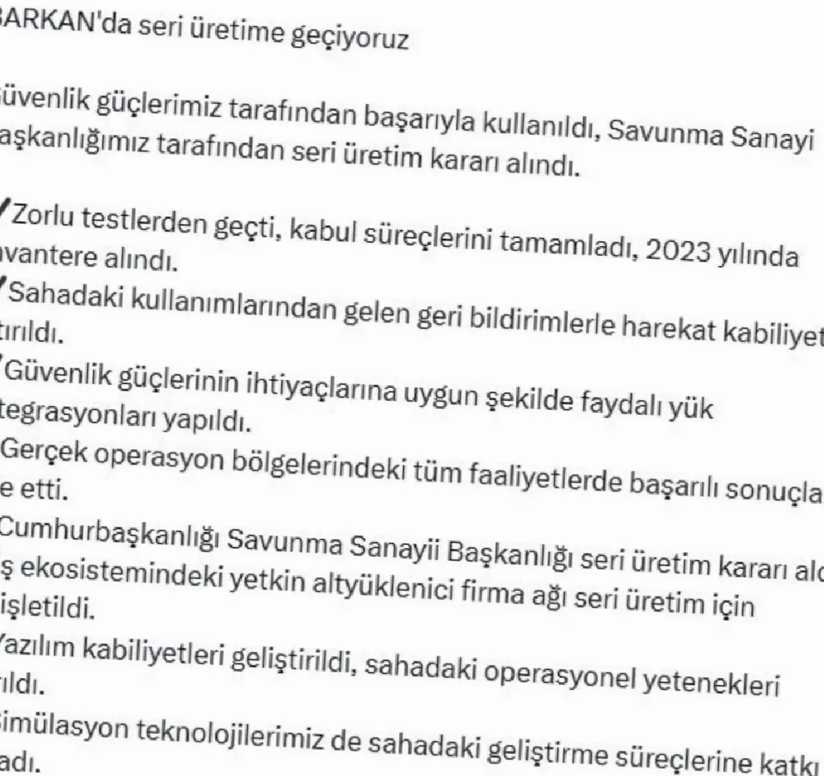 BARKAN için Seri Üretim Kararı