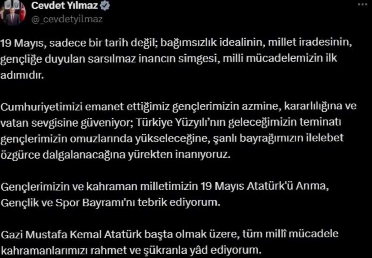 Cevdet Yılmaz’dan 19 Mayıs Mesajı