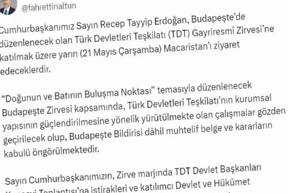 Cumhurbaşkanı Erdoğan, Budapeşte’de düzenlenecek Türk Devletleri Teşkilatı Zirvesi’ne katılacak