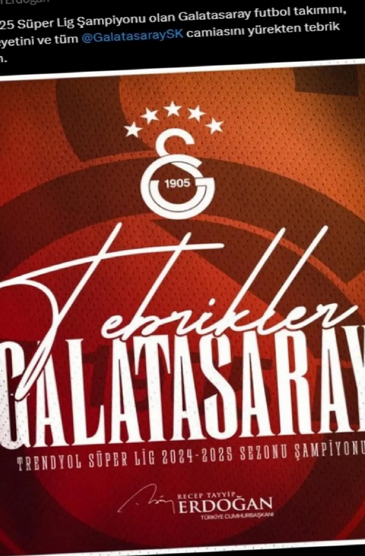 Cumhurbaşkanı Erdoğan, Galatasaray’ı Tebrik Etti