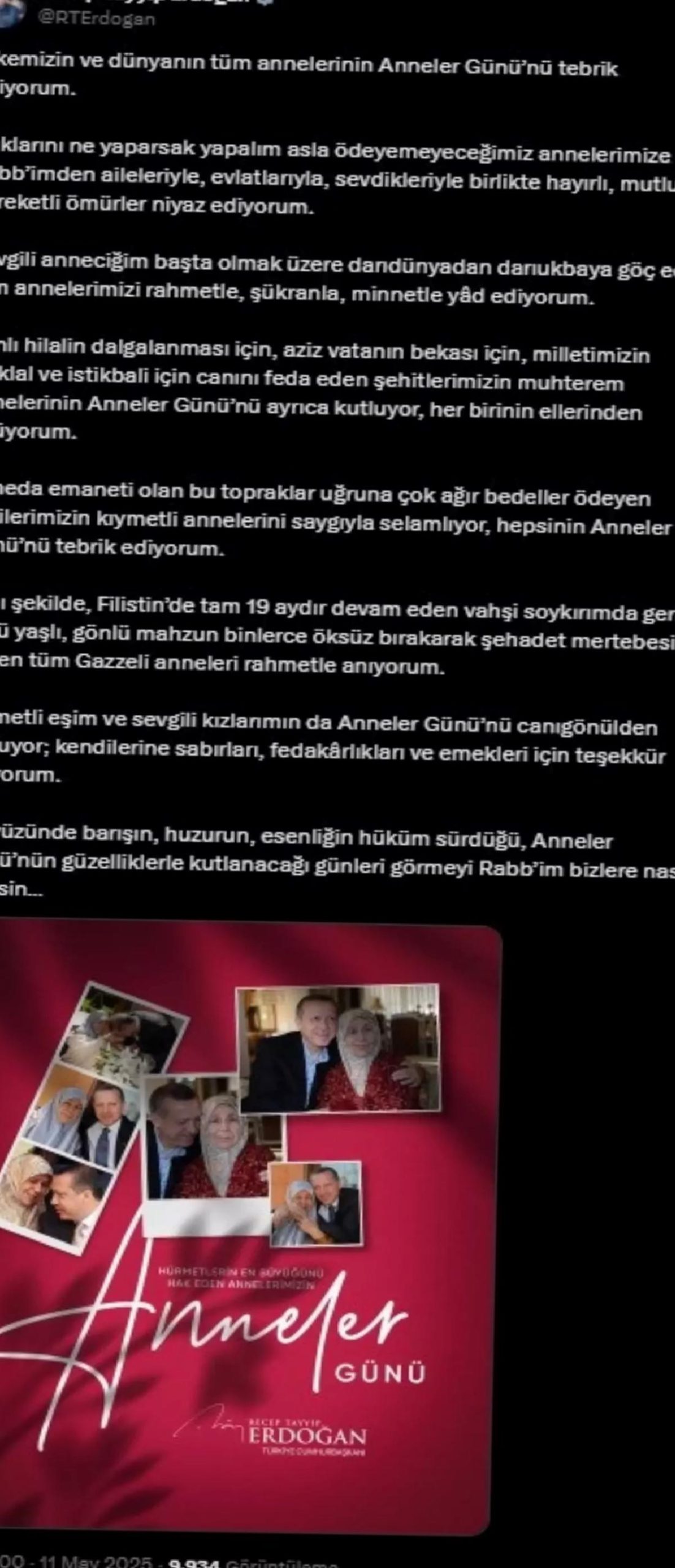 Cumhurbaşkanı Erdoğan’dan Anneler Günü Mesajı