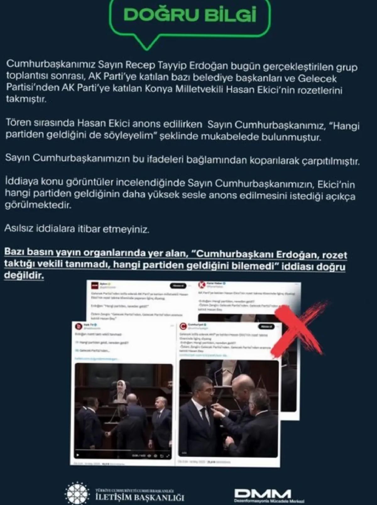Cumhurbaşkanlığı İletişim Başkanlığı: ‘Erdoğan, rozet taktığı vekili tanımadı iddiası doğru değil’