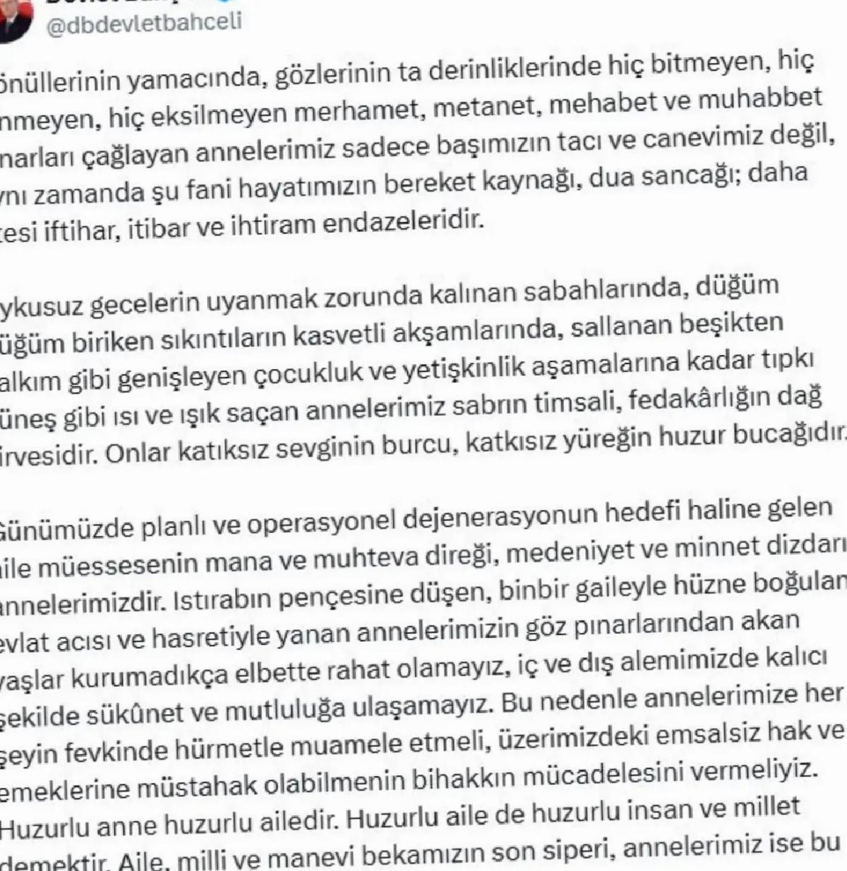 Devlet Bahçeli’den Anneler Günü Mesajı
