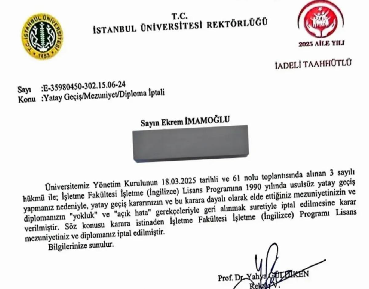 Ekrem İmamoğlu’nun Diploması İptal Edildi