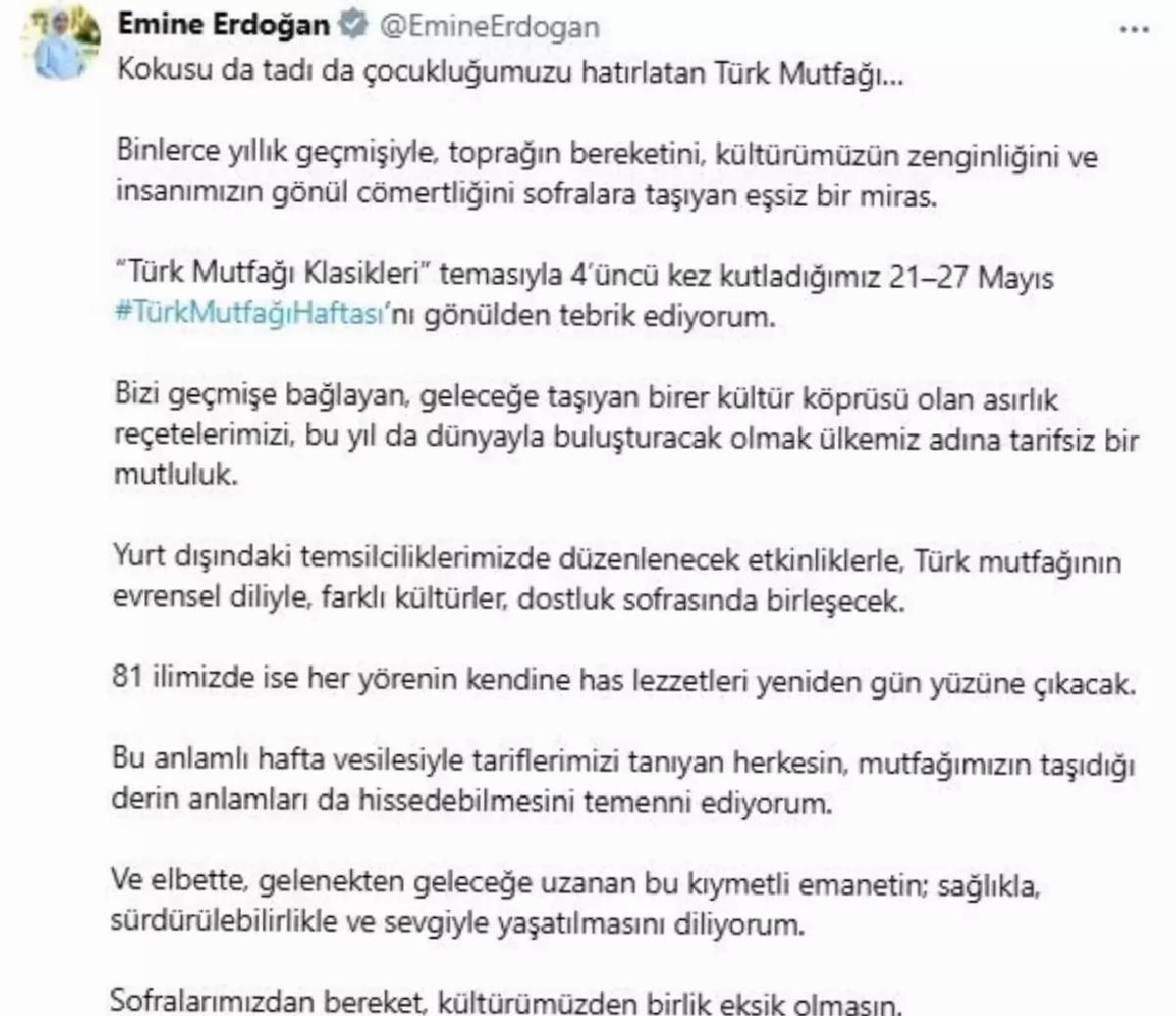 Emine Erdoğan’dan Türk Mutfağı Haftası paylaşımı