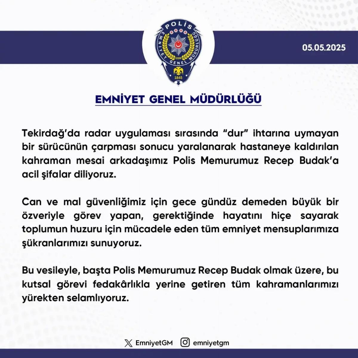 Emniyet’ten Polis Memuruna Geçmiş Olsun Mesajı
