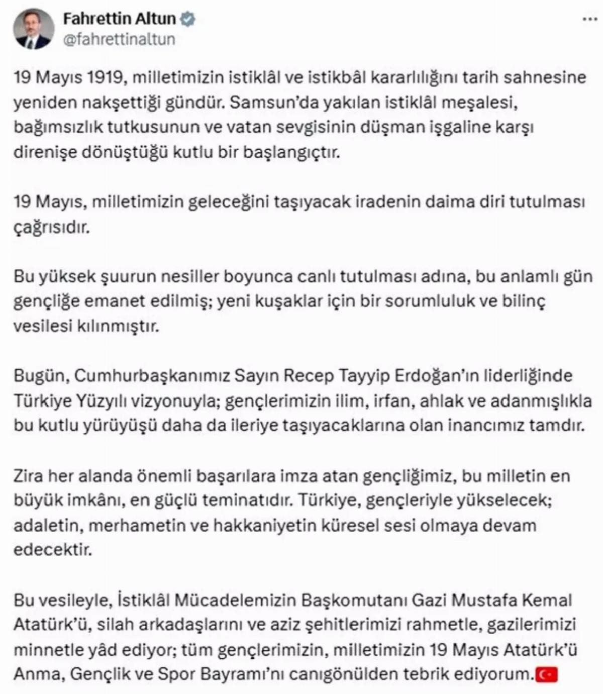 Fahrettin Altun’dan 19 Mayıs mesajı: “Milletimizin istiklal ve istikbal kararlılığıdır”