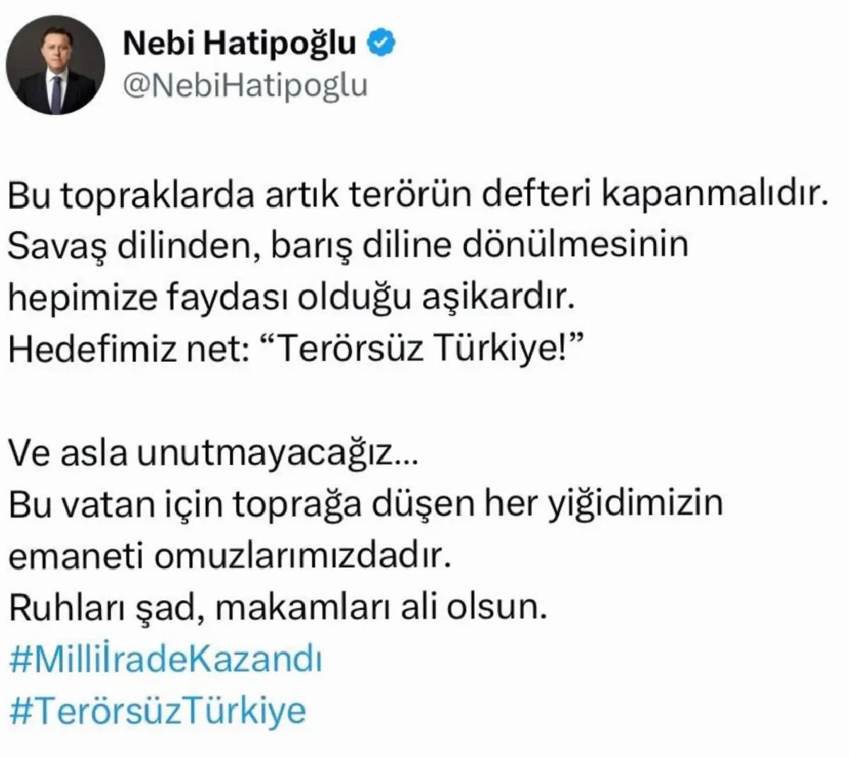 Hatipoğlu: Terörün Defteri Kapanmalıdır