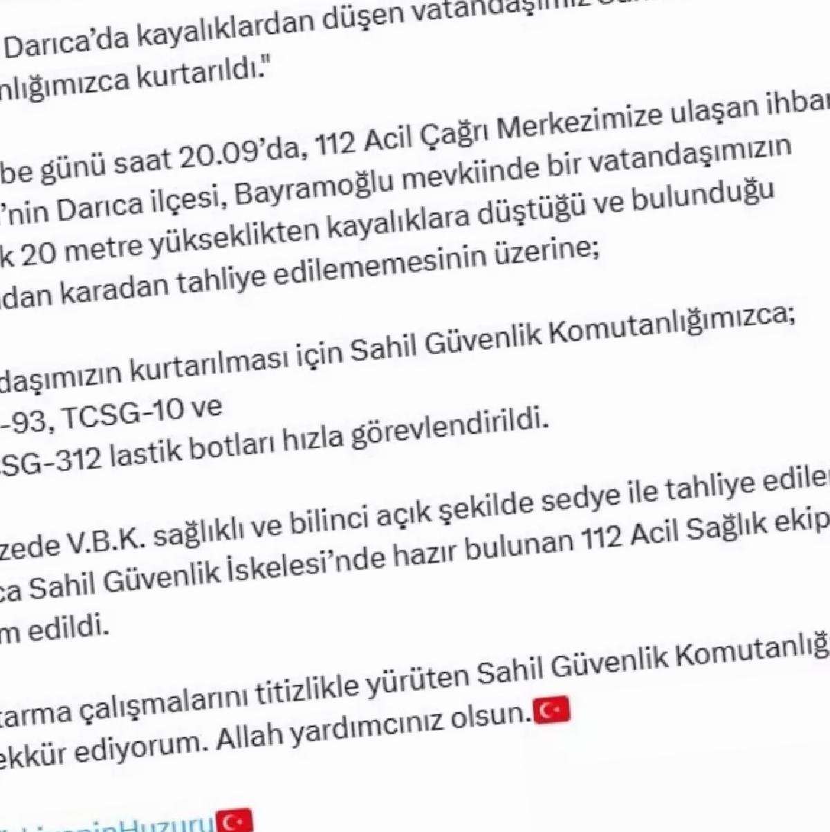 Kocaeli’de Kayalıklardan Düşen Vatandaş Kurtarıldı