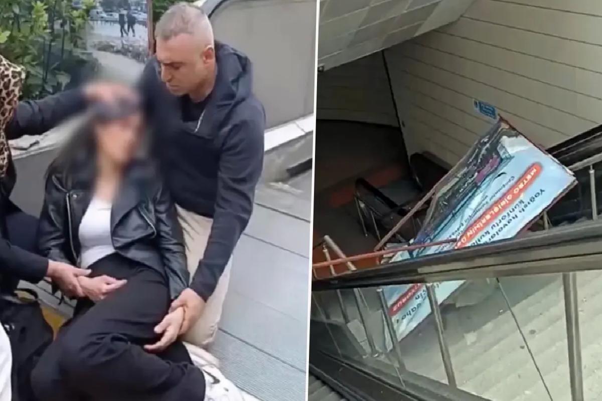 Metro istasyonunda yürüyen merdivenlerde reklam panosu genç kadının üzerine düştü