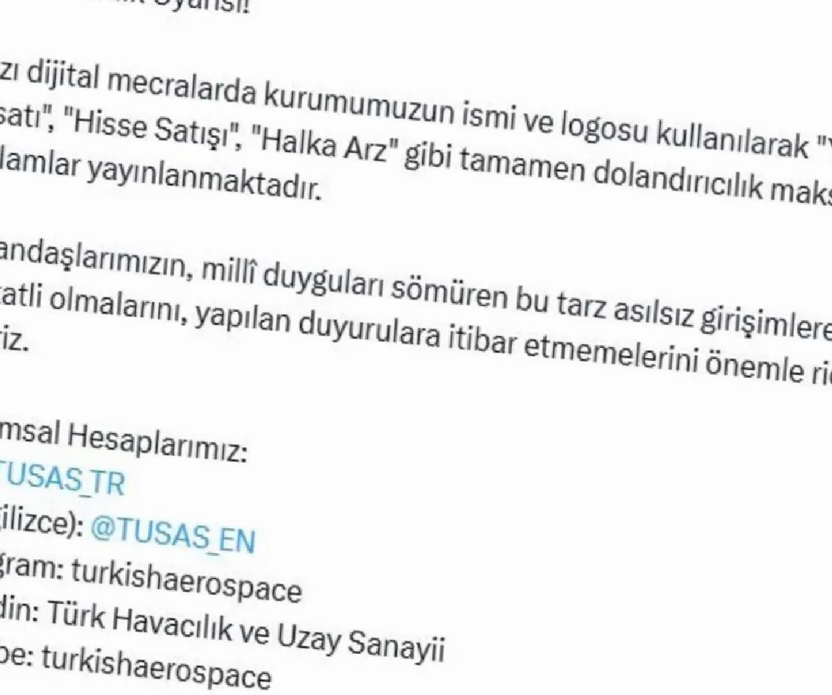 TUSAŞ’tan Dolandırıcılık Uyarısı